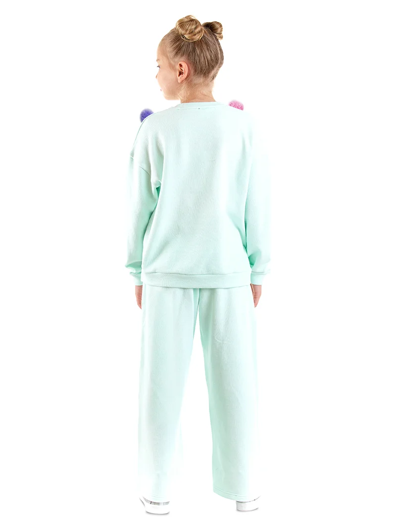 دينوكيدس بدلة رياضية بناتي محبوكة باللون الأزرق مع كرات بوم بوم